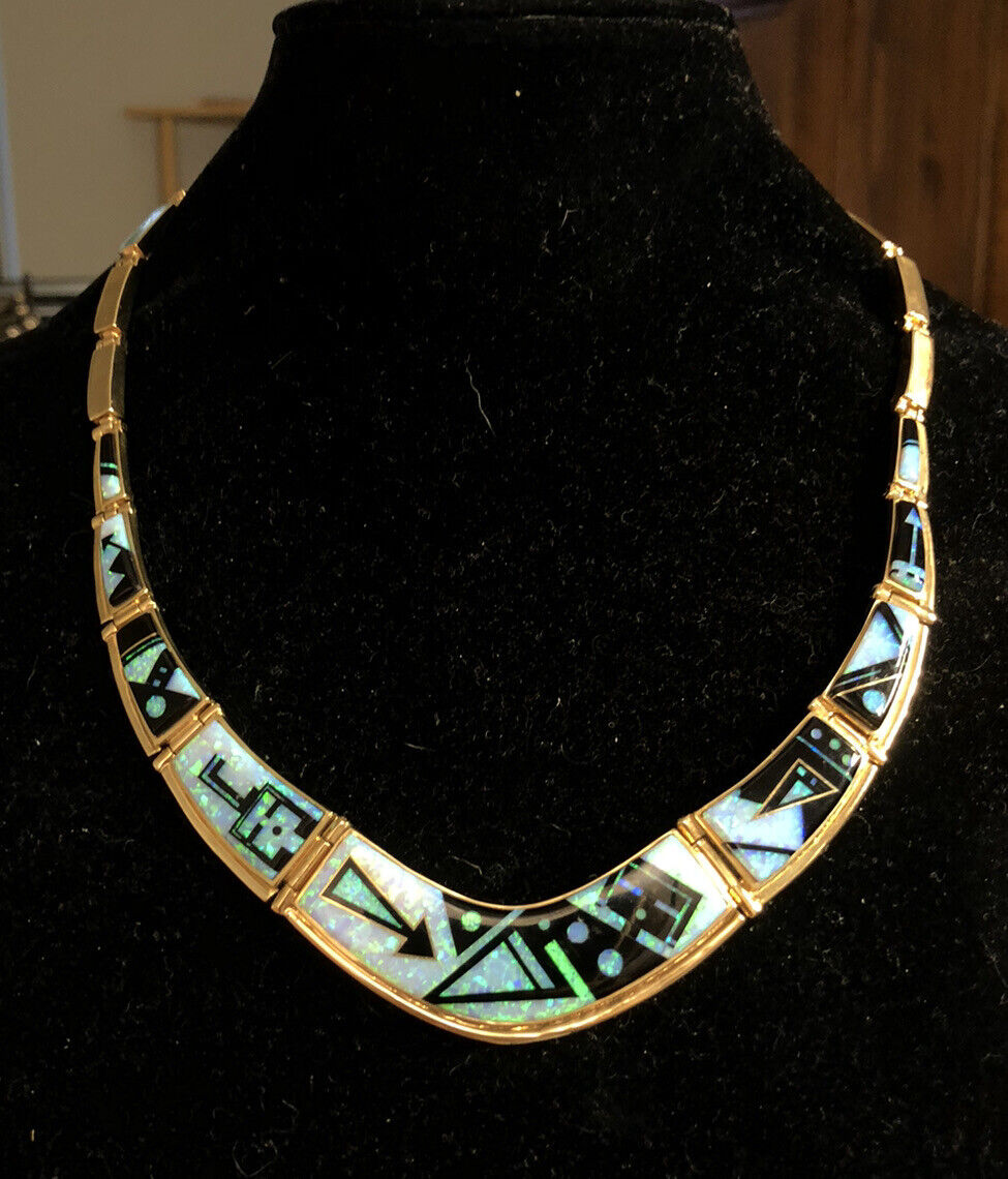 Calvin Begay Navajo 14K Gold Opal Onyx Inlay Storyteller Statement Necklace