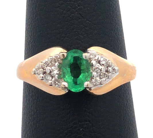 10K Yellow Gold Oval Emerald Solitaire Diamond Accented Cocktail Ring