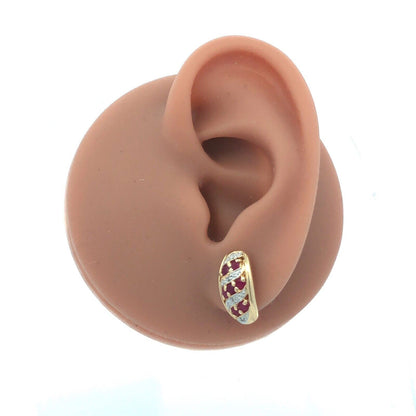 Designer 14K Yellow Gold Round Ruby Diamond Textured Oval Stud Earrings