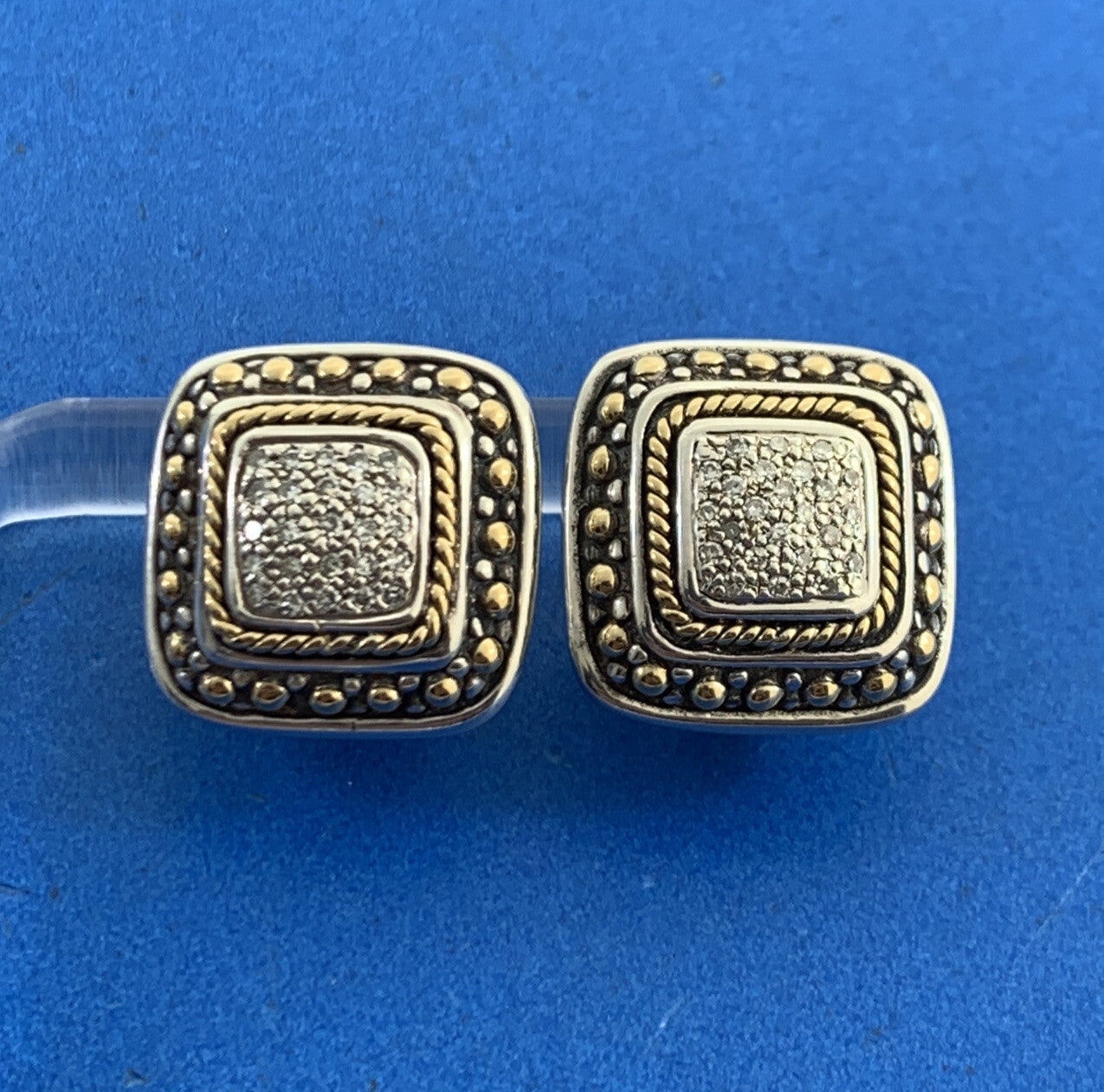 Designer EFFY Sterling Silver 18K Gold Pave Diamond Square Omega Back Earrings