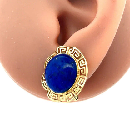 14K Yellow Gold Lapis Lazuli Cabochon Statement Omega Back Earrings