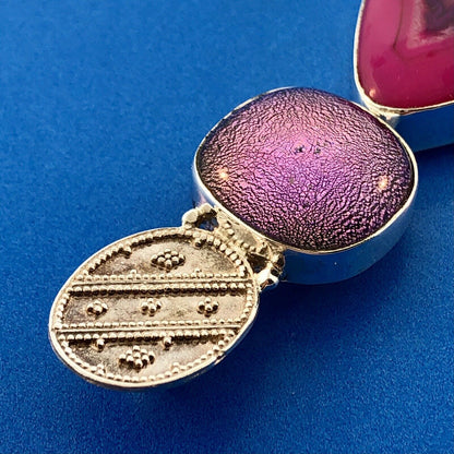 Sterling Silver 925 Pink Fushia Deep Purple Druzy Quartz Geode Statement Pendant