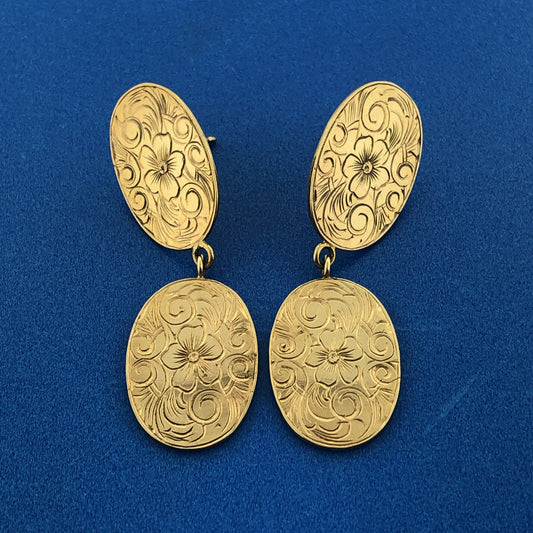 Vintage 10k Yellow Gold Double Oval Etched Floral Drop Dangle Stud Earrings