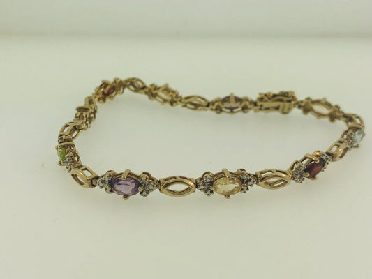 Sterling Silver 925 Vermeil Oval Multi-Gem Station Tennis Bracelet