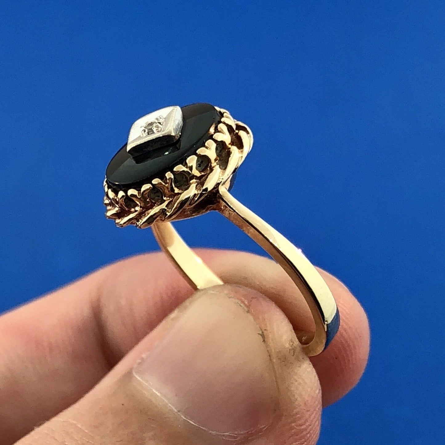 Art Deco Art Nouveau 10K Yellow Gold Black Onyx Diamond Cocktail Ring