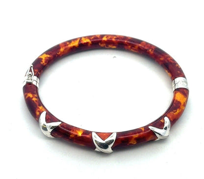 Milor Italy Sterling Silver Tortoise Shell Enamel Oval Hinged Bangle Bracelet