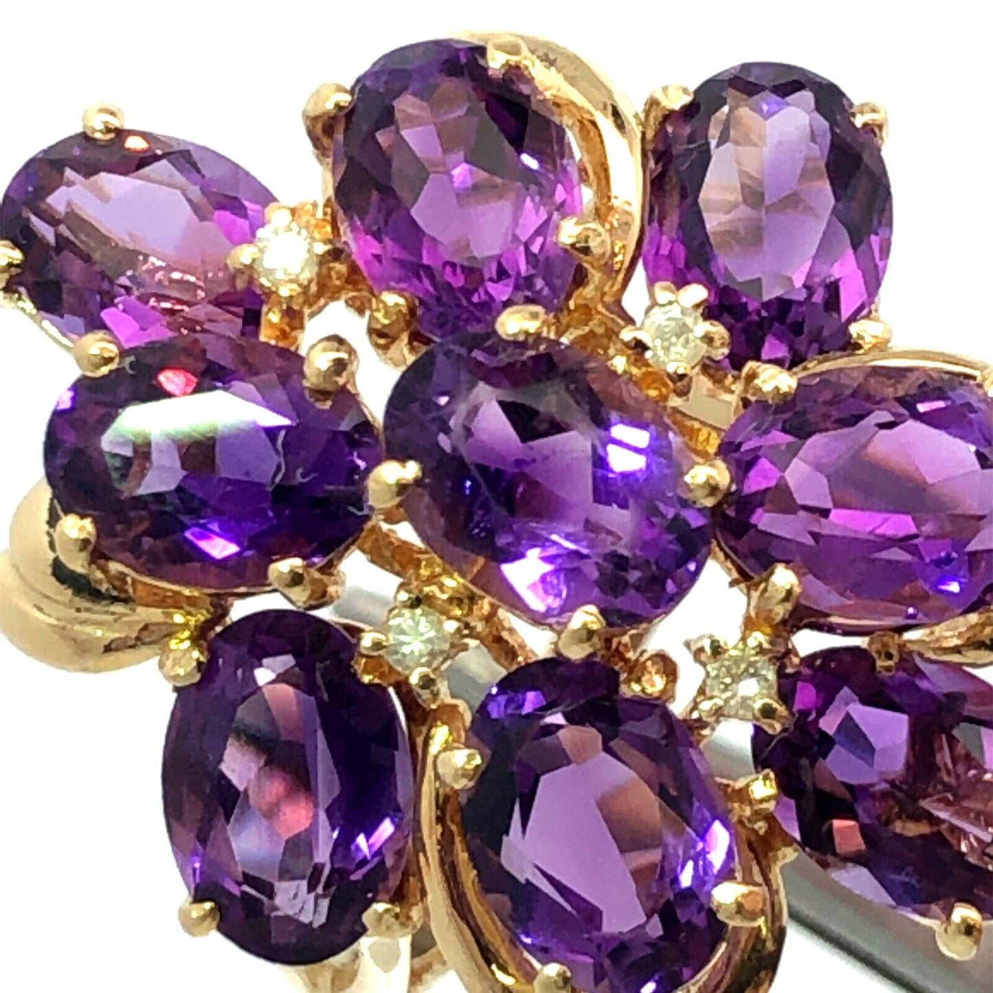 Designer 14K Yellow Gold Lab Created Oval Amethyst Diamond Cluster Cocktail Ring