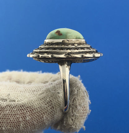 Native American 925 Sterling Silver Green Turquoise Marcasite Statement Ring