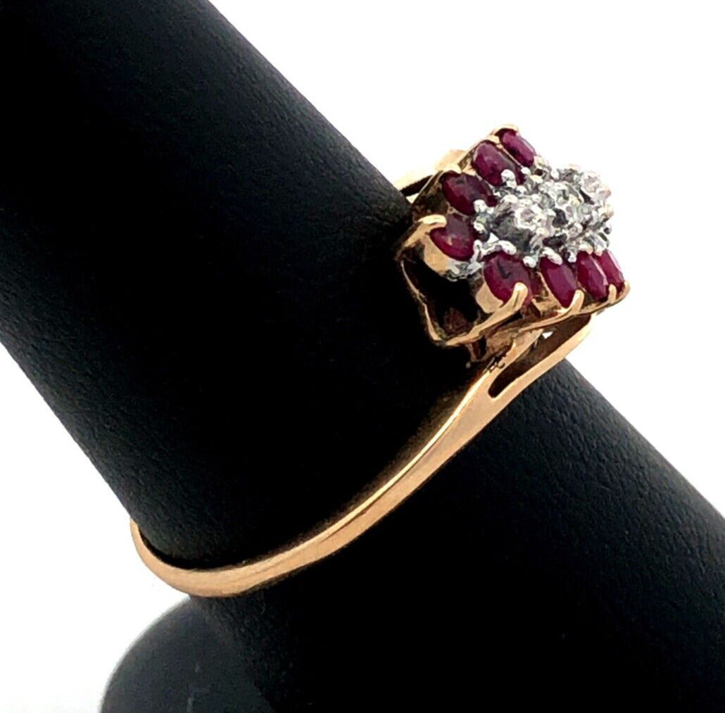 Designer RN 10K Yellow Gold Round Ruby Diamond Oval Waterfall Bypass Ring