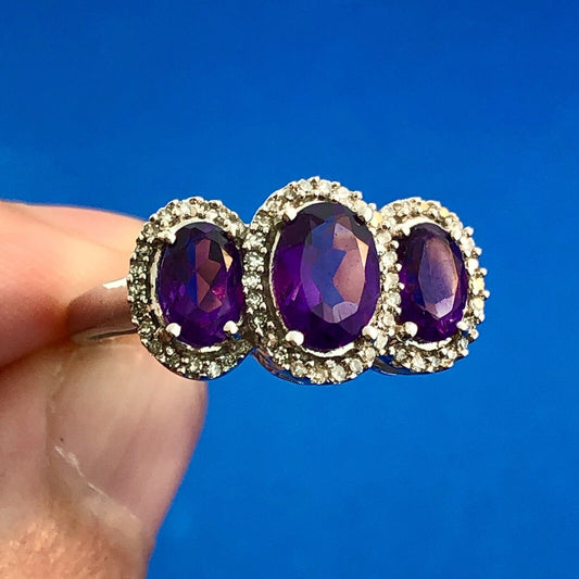 Stunning 10K White Gold Amethyst Trio Diamond Halo February Anniversary Ring