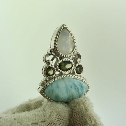 Designer Sterling Silver 925 Blue Agate Peridot Moonstone Drop Pendant Necklace