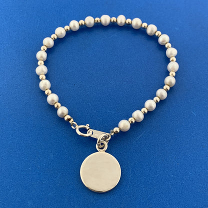 Designer JORDAN Sterling Silver 925 Engraveable  White Pearl 7" Strand Bracelet