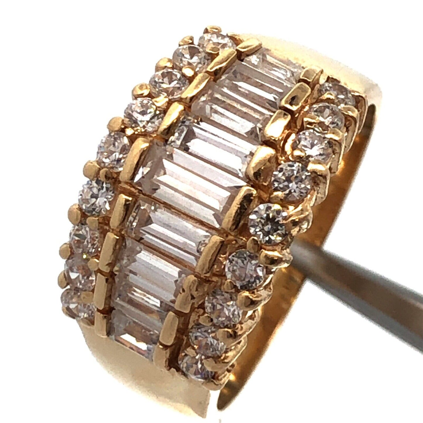 Designer 14K Yellow Gold Baguette Cubic Zirconia Statement Cigar Band Ring