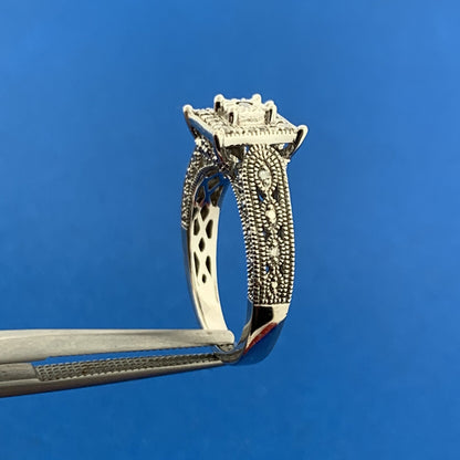 Designer 925 Sterling Silver Diamond Square Top Halo Accented Engagement Ring