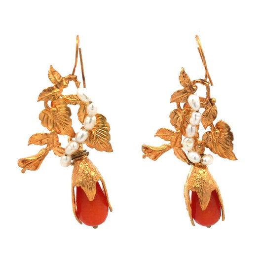 Estate Gold Tone Peach Quartz Rice Pearl Leaf & Vine Statement Drop Earrings
