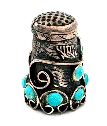 Vintage Taxco Mexico 925 Sterling Silver Turquoise Vines Scroll Thimble