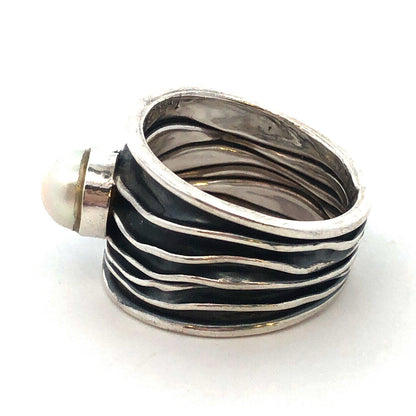 Designer Letty G Sterling Silver Pearl Solitaire Modernist Wide Cigar Band Ring