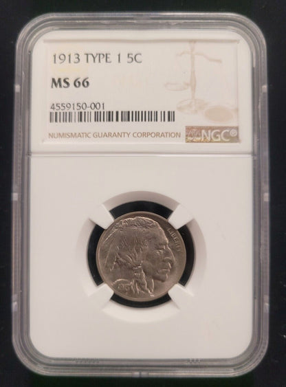 1913 P 5c Philadelphia Mint NGC MS66 Type I Buffalo Nickel Rare American Coin