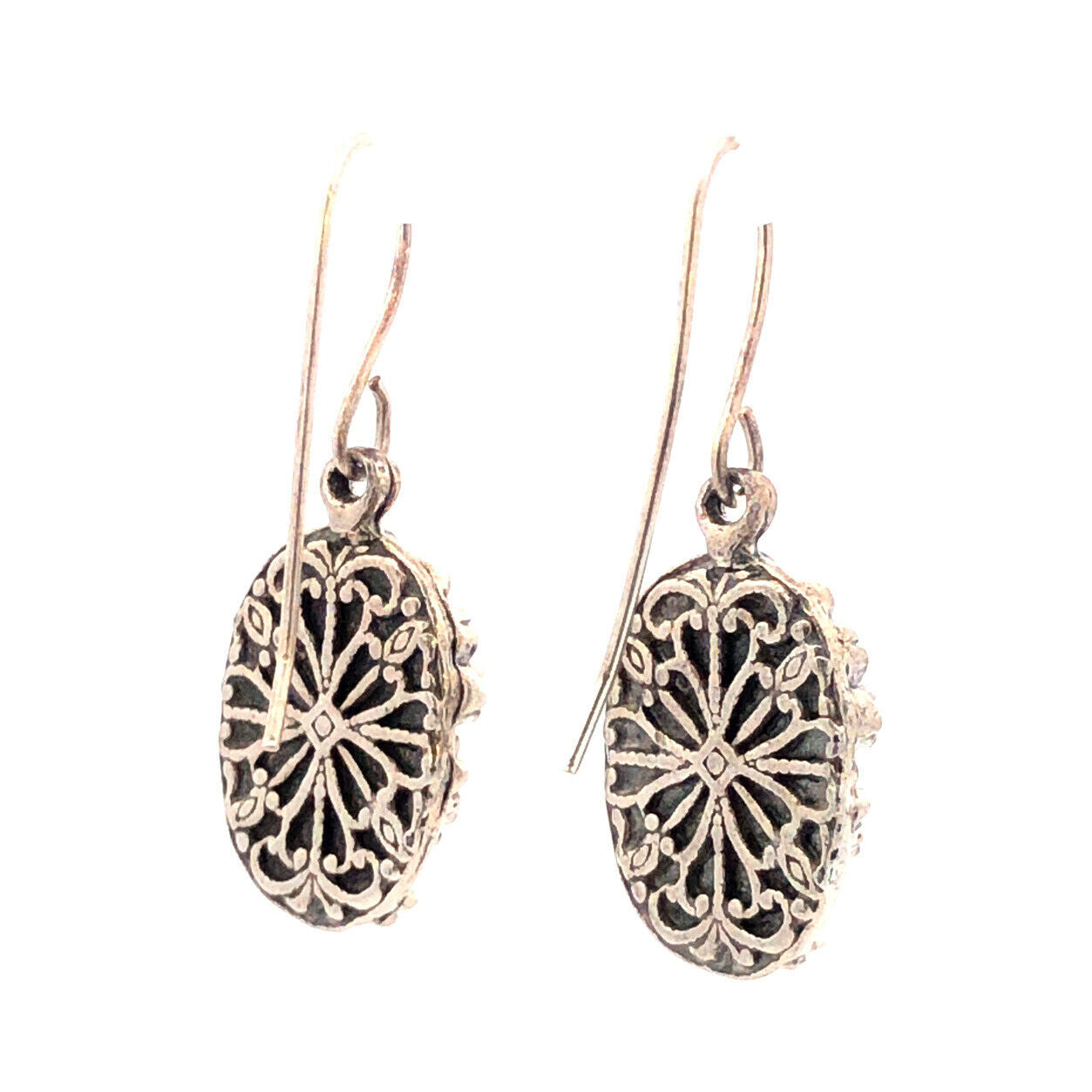 Vintage 925 Sterling Silver Oval 3D Floral Flowers Leaves Dangle Hook Earrings