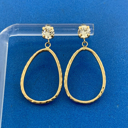 Designer 10K Yellow Gold White Sapphire Hammered Hoop Dangle Stud Earrings