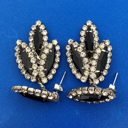 Art Deco Silver Tone Black Jet White Rhinestone Feather Leaf Dangle Earrings