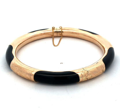 Vintage 14K Yellow Gold Black Onyx Engraved Round Hinged Bangle Bracelet