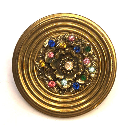Mid Century Gold Tone Rhinestone Flower Lipstick Mirror Compact Case
