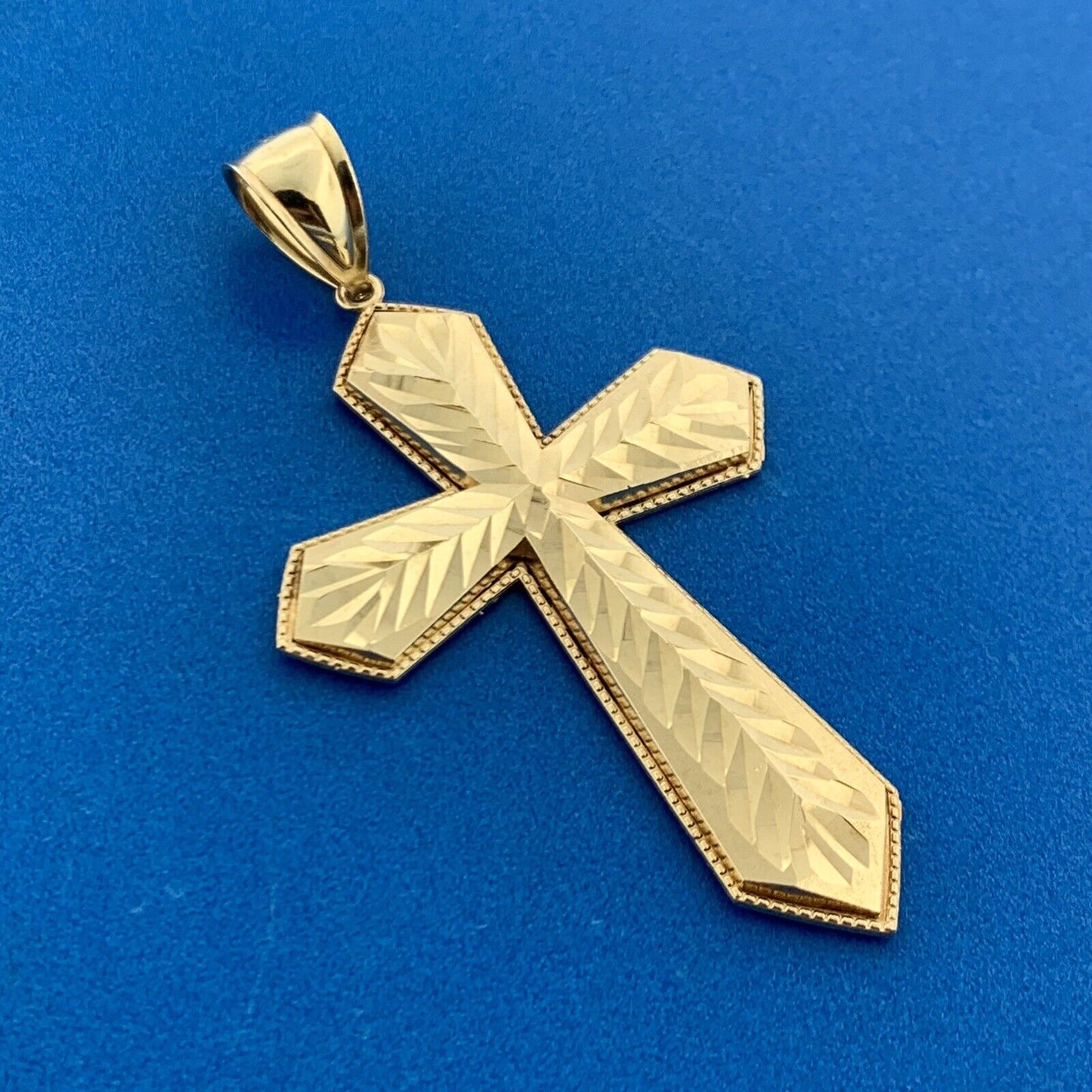 Designer 10K Yellow Gold Diamond Cut Textured Statement Cross Pendant