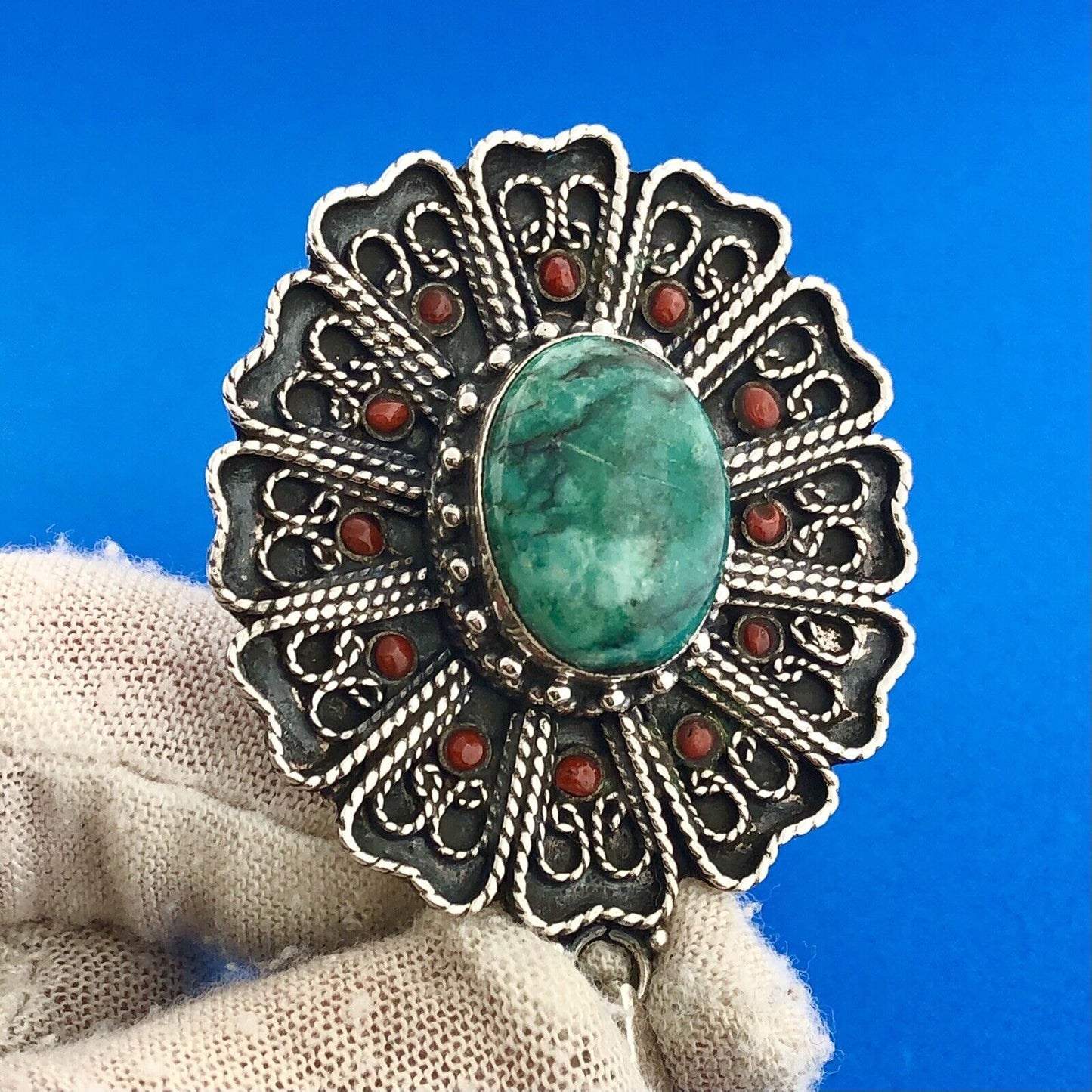 Stunning Sterling SIlver 925 Cabochon Turquoise Coral Accent Floral Pendant