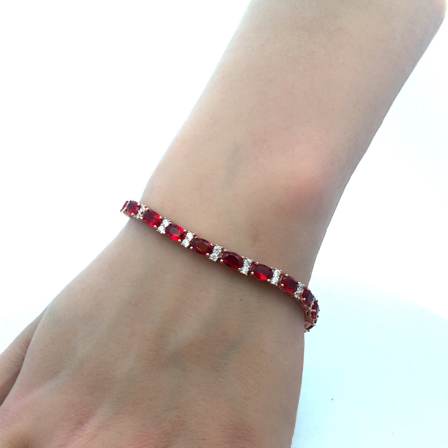 Designer SGJ Rose Tone Sterling Silver Red White Cubic Zirconia Tennis Bracelet
