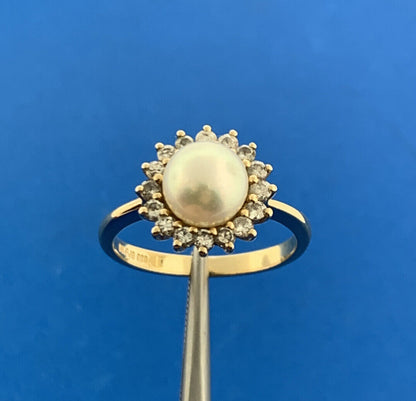 Designer 14K Yellow Gold Pearl Solitaire Diamond Halo June Anniversary Ring