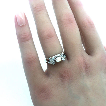 14K White Gold Diamond Solitaire W/Accents Soldered Double Band Engagement Ring