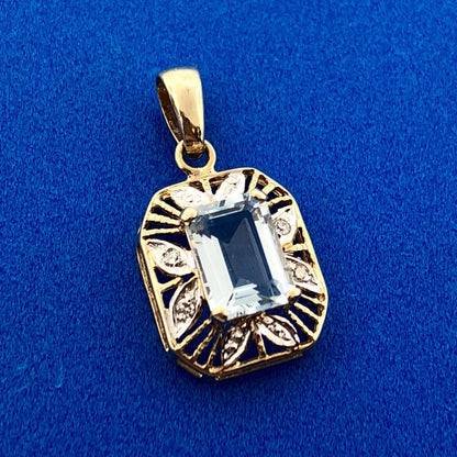 Stunning 10K Yellow White Gold Blue Topaz Diamond Filigree Charm Pendant