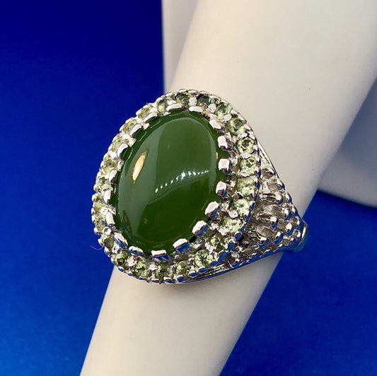 Retro 925 Sterling Silver Jade Jadeite Diamond Empire Statement Cocktail Ring