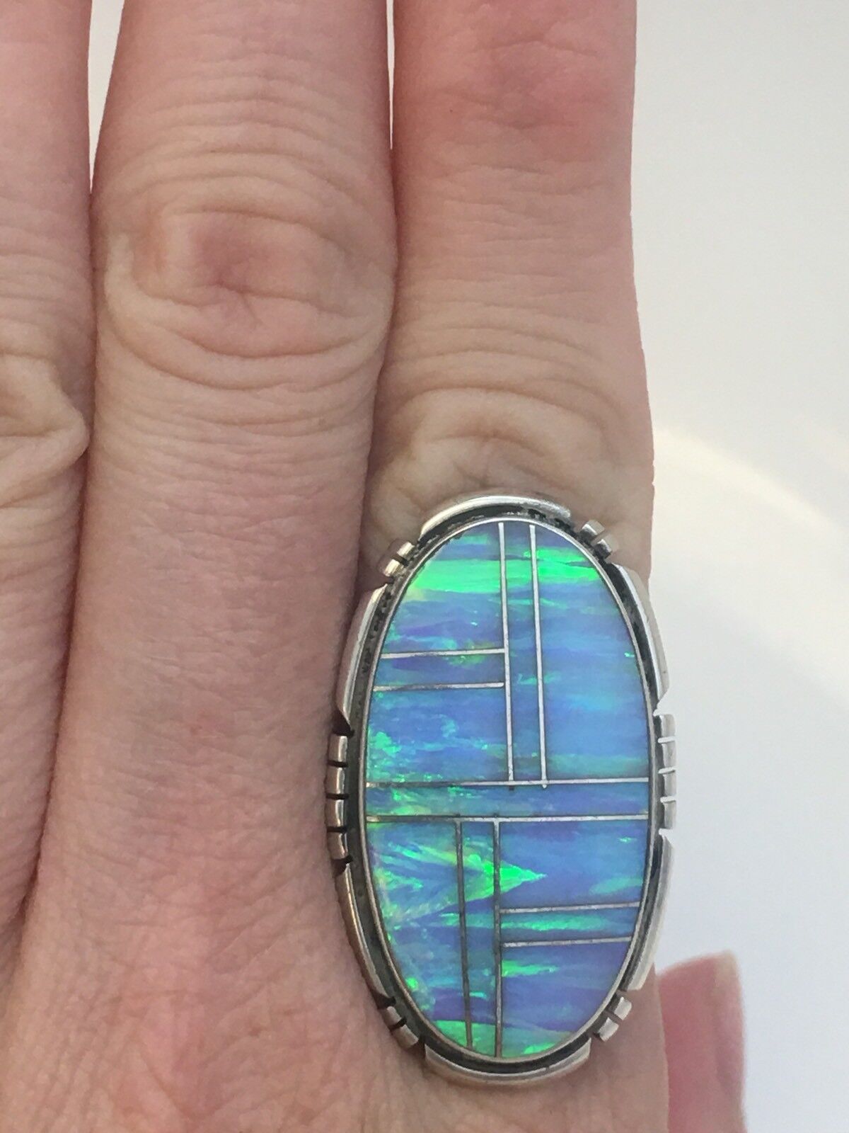 Navajo James Shay JS Sterling Silver 925 Oval Fire Opal Inlay Statement Ring