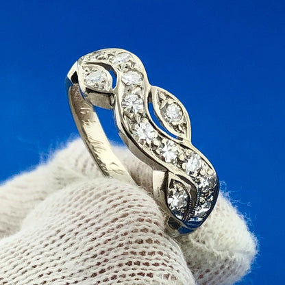Mid Century 14K White Gold Diamond Modernist Entwined Wave Wedding Band Ring