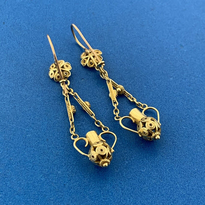 Vintage 14K Yellow Gold Open Scroll Urn Water Jug Balinese Dangle Drop Earrings