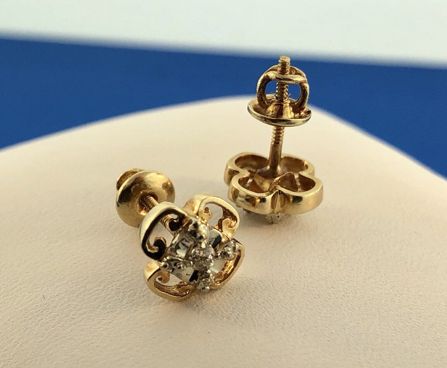 Art Deco 14K Yellow White Gold Diamond Quatrefoil Screw Back Stud Earrings