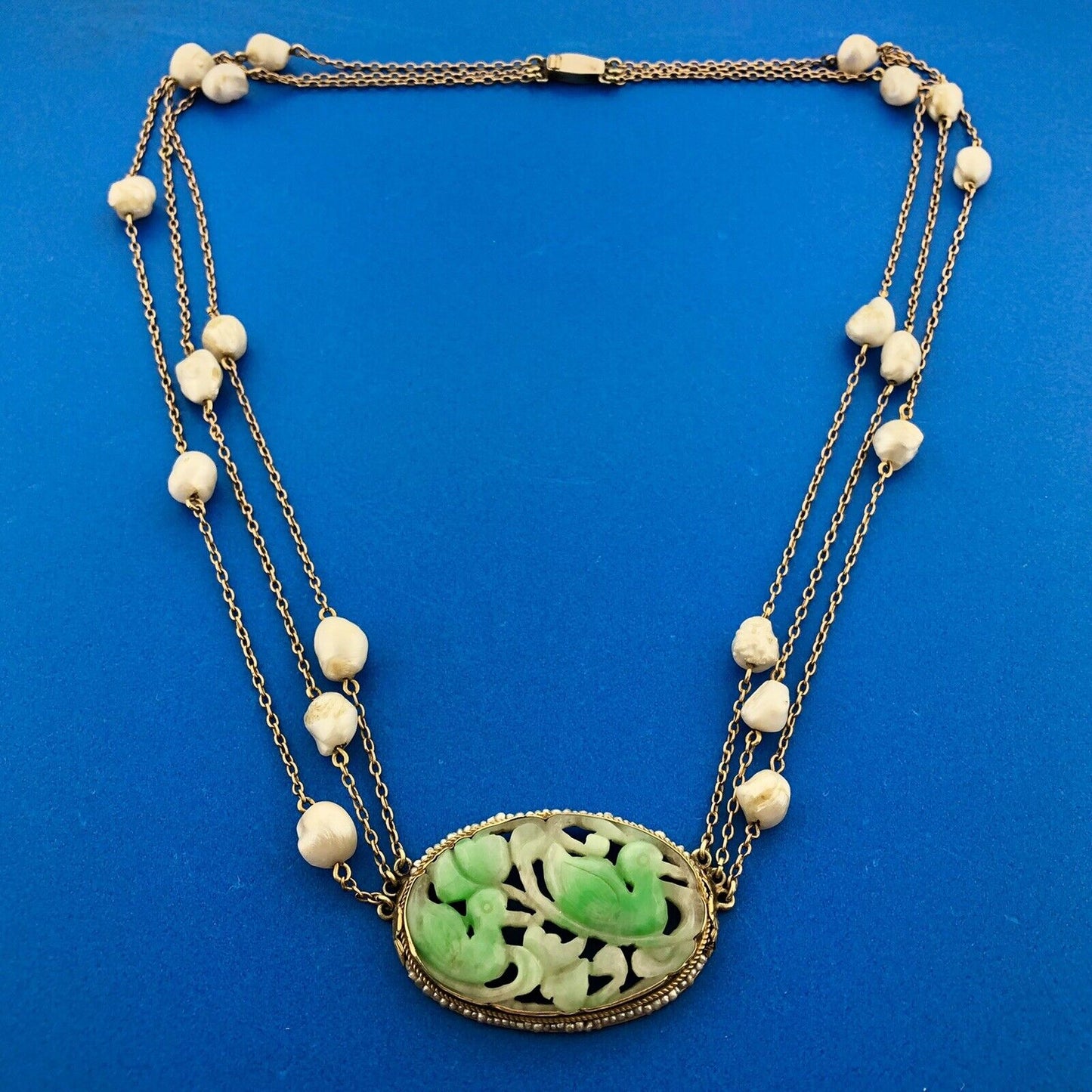 14k Yellow Gold Carved Jade White Pearl 18" 3 Strand Swimming Duck Necklace