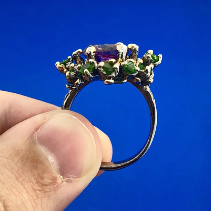 Fabulous 925 Sterling Silver Amethyst Solitaire Green Garnet Halo Cluster Ring