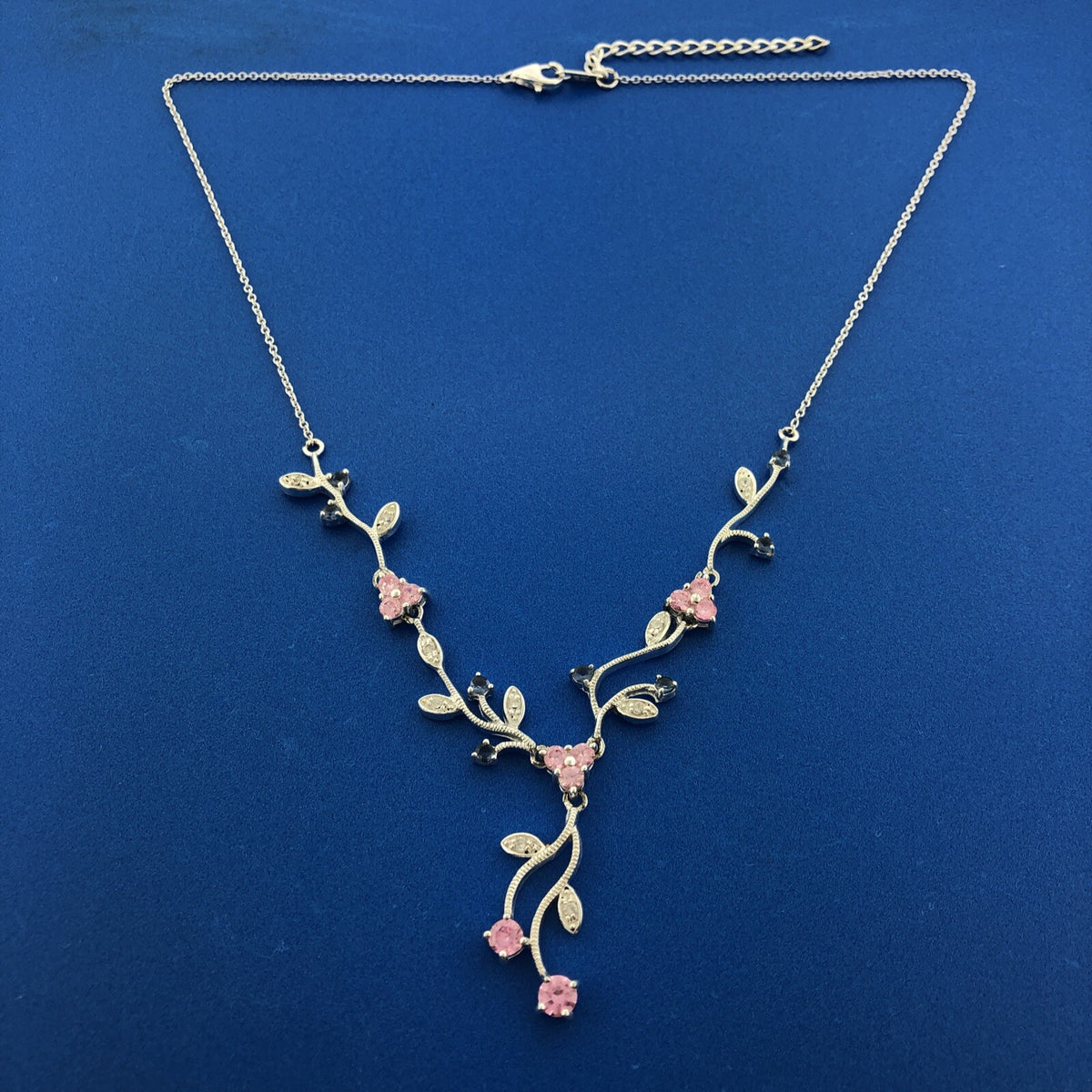 Exquisite Sterling Silver 925 Blue Pink White CZ Floral Scroll Drop Necklace