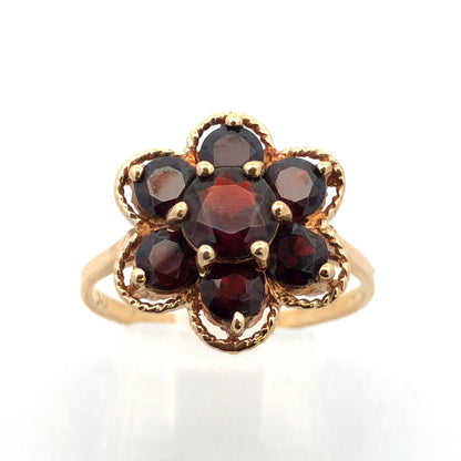 Vintage ESEMCO 10K Yellow Gold Round Garnet Floral Cluster Cocktail Ring