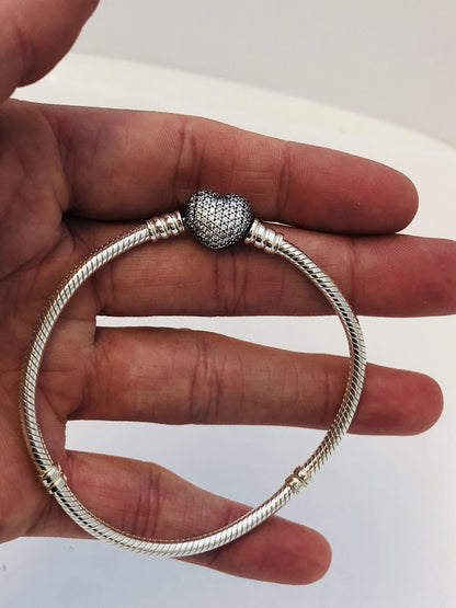 Authentic Pandora 925 Sterling Silver Pave Heart Clasp 590727CZ Charm Bracelet