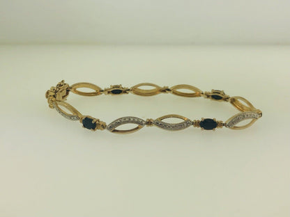 Estate Sterling Silver 925 Vermeil Oval Sapphire Station Tennis Bracelet