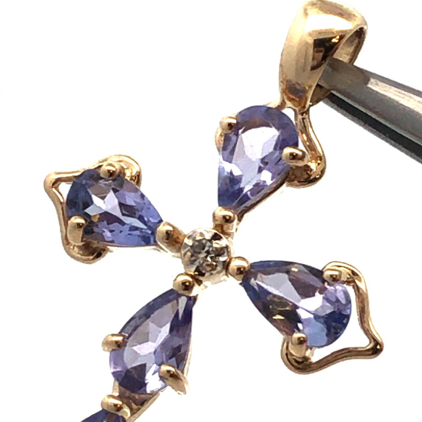 Designer Mexico 14K Yellow Gold Pear Tanzanite Diamond Accent Cross Pendant
