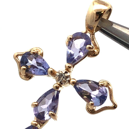 Designer Mexico 14K Yellow Gold Pear Tanzanite Diamond Accent Cross Pendant