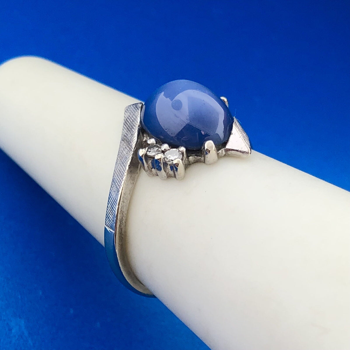 Mid Century Modern 14K White Gold Blue Star Sapphire Diamond Cocktail Ring