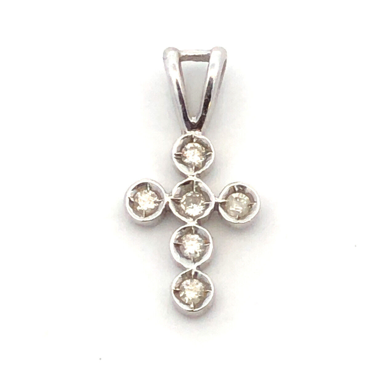 Designer 14K White Gold Round Diamond Bezel Petite Religious Cross Pendant