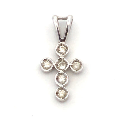 Designer 14K White Gold Round Diamond Bezel Petite Religious Cross Pendant