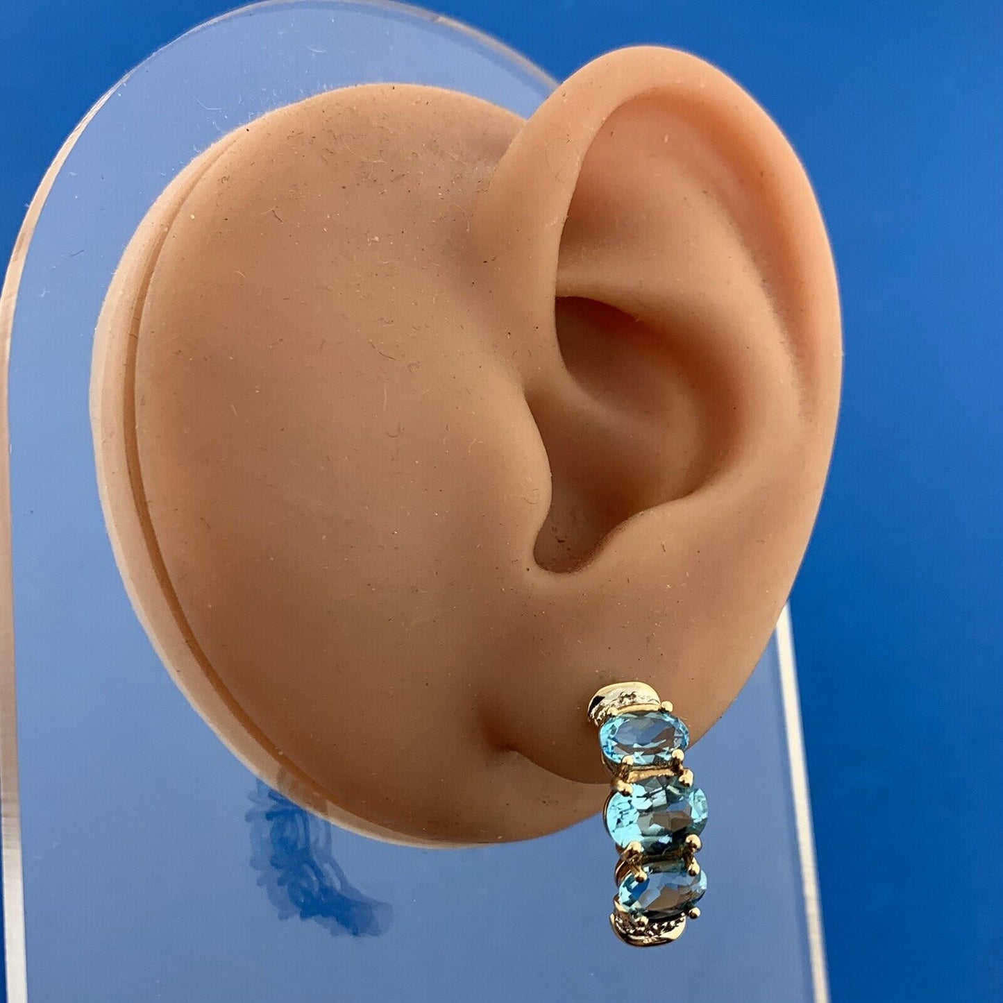 Designer 10K Yellow Gold Oval Blue Topaz Diamond Accented Half Hoop Earrings